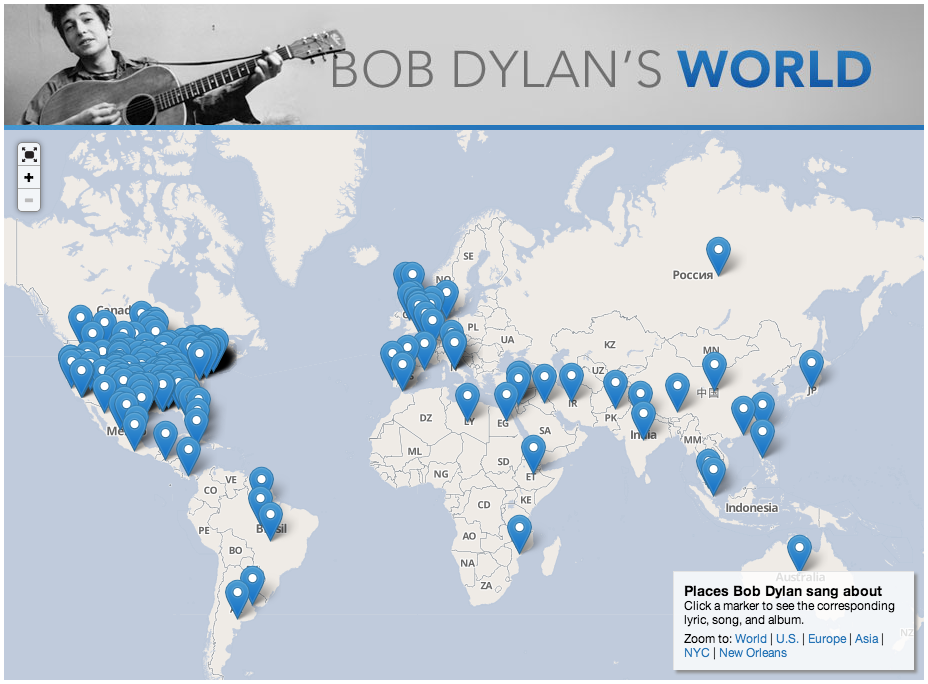 Interactive Google Maps Mashup - Places Mentioned In Bob Dylan Lyrics